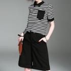 Set: Striped Short-sleeve Top With Collar + Wide Leg Shorts