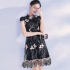 Cap-sleeve Floral Qipao Dress