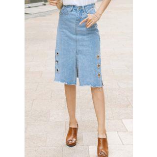 Slit-side Perforated-detail Denim Skirt