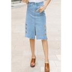 Slit-side Perforated-detail Denim Skirt