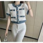 Short-sleeve Contrast Trim Button-up Crop Top / Straight Leg Pants