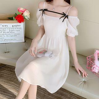 Short-sleeve Bow Cold-shoulder Midi Dress