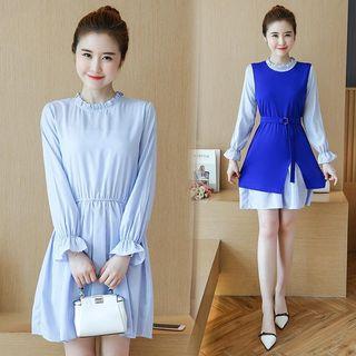Set: Striped Long-sleeve A-line Dress + Pinafore Dress