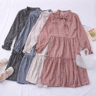 Tie-waist Ribbon-neckline Floral Midi Dress