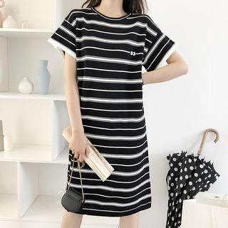 Short-sleeve Embroidered Striped Dress White Stripe - Black - One Size