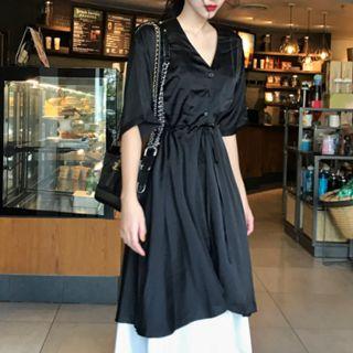 Mock Two-piece Elbow-sleeve A-line Dress As Shown In Figure - One Size