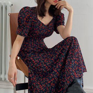 Puff Sleeve V-neck Floral Print Midi A-line Dress Dark Blue - One Size
