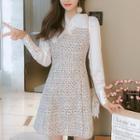 Long-sleeve Bow-accent Tweed Panel A-line Dress