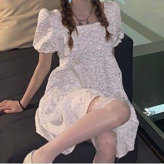 Puff-sleeve Floral Embroidered A-line Dress White - One Size