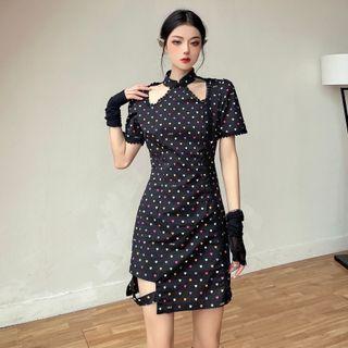 Short-sleeve Cutout Heart Print Mini Sheath Qipao Dress