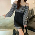 Long-sleeve Off-shoulder Plaid Mini Dress