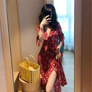 Irregular Hem Flower Print Short-sleeve A-line Dress