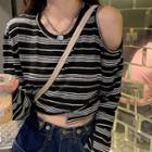 Long-sleeve Cold-shoulder Striped T-shirt Stripe - Black & White - One Size