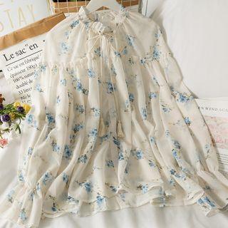 Tie-neckline Ruffle-trim Printed Loose Shirt Off-white - One Size
