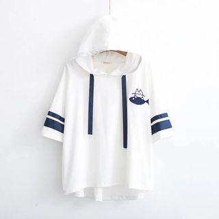 Elbow-sleeve Cat Embroidery Light Hoodie
