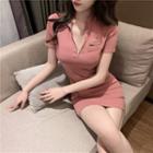 Front-zip Short-sleeve Mini Sheath Dress