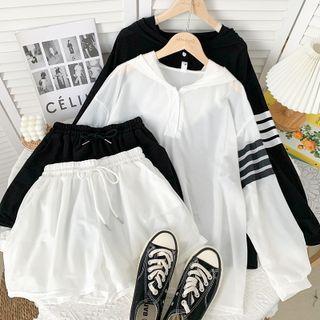 Set: Lightweight Striped Hooded Top + Wide-leg Shorts
