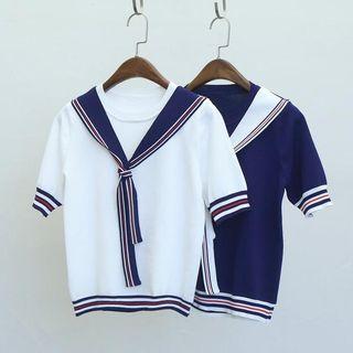 Short-sleeve Collared Knit Top