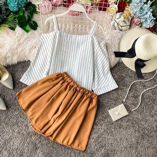 Set: Striped Off-shoulder Elbow-sleeve Blouse + Wide-leg Shorts