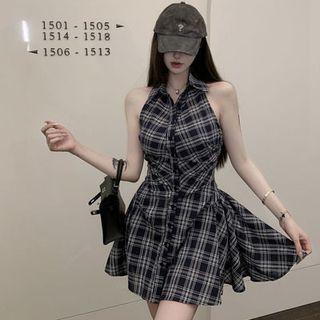 Halter Plaid Button-up Mini A-line Dress