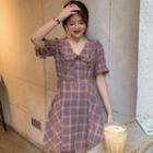 Short-sleeve Collared Plaid A-line Dress