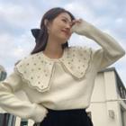 Rhinestone Embellished Wide Collar Sweater White - One Size