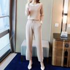 Set: Round-neck Knit Top + Contrast Trim Drawstring Knit Pants