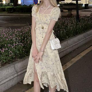 Puff-sleeve Square Neck Ruffle Trim Slit Floral Midi Dress
