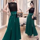 Set: Sleeveless Sheer Top + Slit-hem Wide-leg Pants