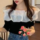 Elbow-sleeve Off-shoulder Two-tone Top Black - One Size
