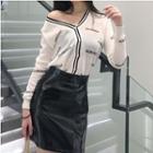 Lettering Long Sleeve Cardigan/faux Leather Skirt