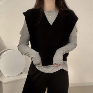 Round-neck Long-sleeve Top / V-neck Knit Tank Top