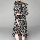 Floral Long-sleeve Chiffon Midi Dress