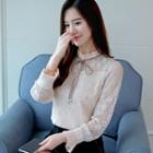 Long-sleeve Pleated-trim Lace Top