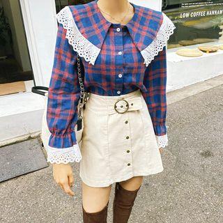 Wide-collar Lace-trim Plaid Blouse