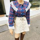 Wide-collar Lace-trim Plaid Blouse