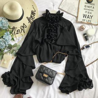 Ruffle-trim Long-sleeve Chiffon Blouse