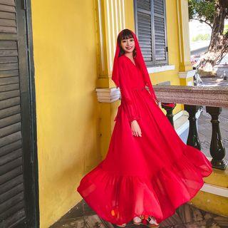 V-neck Plain Maxi A-line Dress
