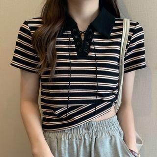 Short-sleeve Striped Lace-up Polo Shirt