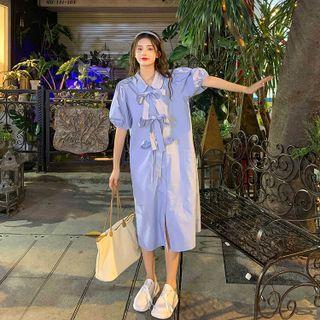 Plain Bow Button-up Oversize A-line Dress