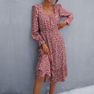 Floral Print Long Sleeve Square-neck Midi Dress