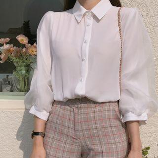 Chiffon-overlay Balloon-sleeve Blouse Ivory - One Size