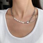 Faux Pearl Chain Necklace / Rhinestone Hoop Earring
