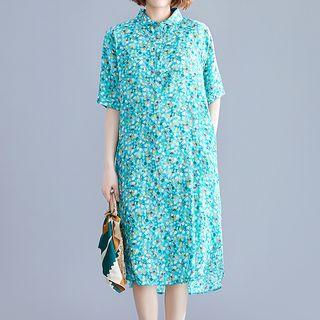 Elbow-sleeve Floral Shirt Dress
