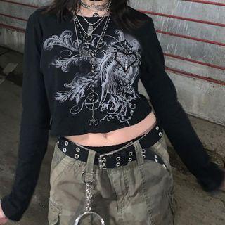 Printed Loose Fit Long Sleeve Round Neck Cropped Top