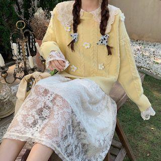 Plain Cable Knit Sweater / Long-sleeve Midi A-line Lace Dress