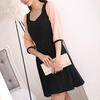 Elbow-sleeve Color Block Dress