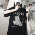 Elbow-sleeve Lettering Cat Print T-shirt