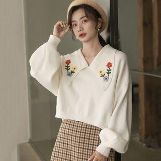 Flower Embroidered Collar Balloon-sleeve Sweater