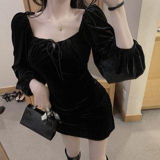Balloon-sleeve Velvet Mini Sheath Dress